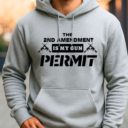 Gray hoodie with text 'The 2nd Amendment is my gun permit' on a blurred background