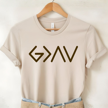 Cream short sleeve t-shirt on hanger with gold God Is Greater Than the Highs and Lows front design