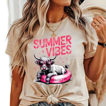 Sand-colored shirt with vibrant pink and black summer design