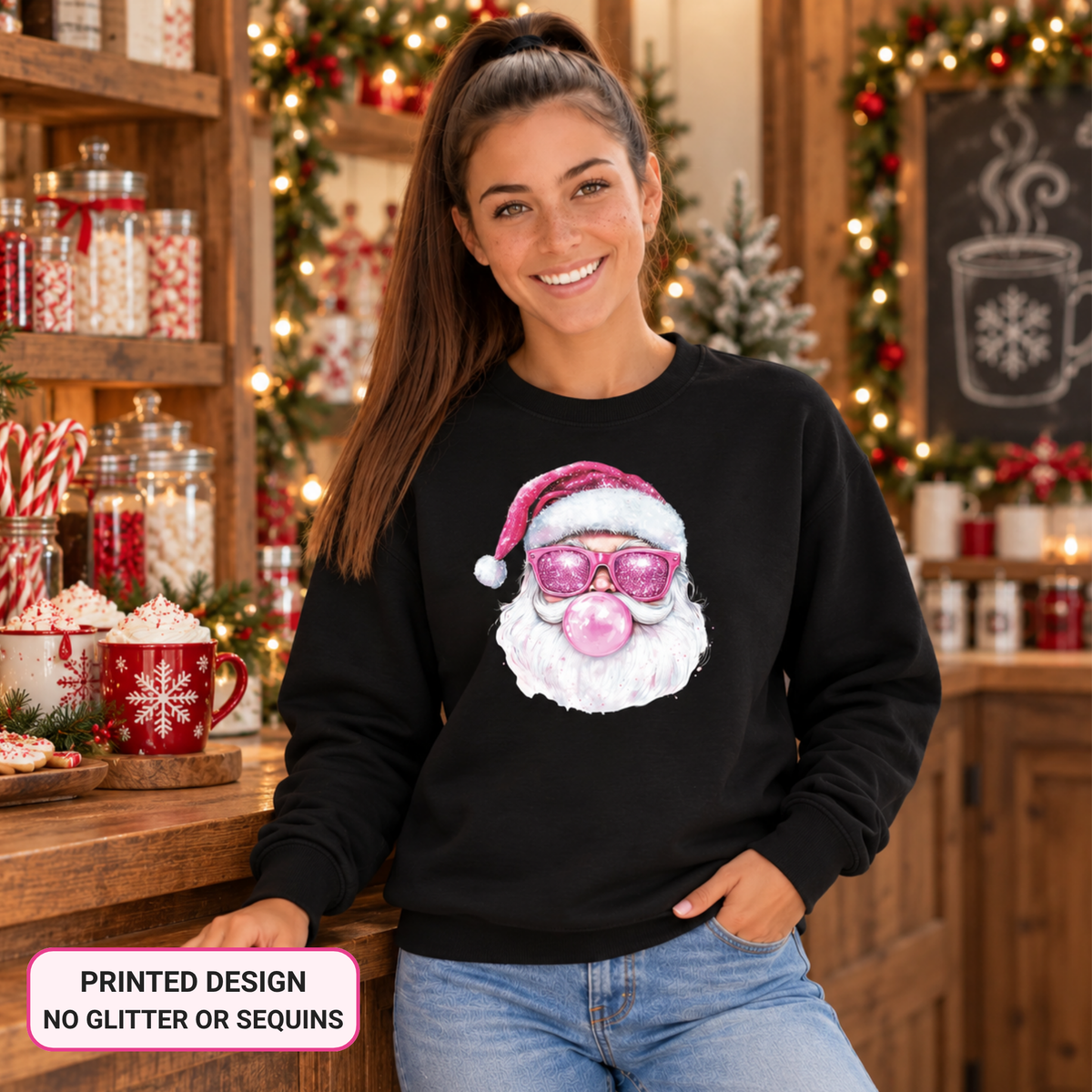 Woman wearing a black Bubblegum Santa crewneck sweatshirt in a candy-themed Christmas shop; printed design with no glitter or sequins