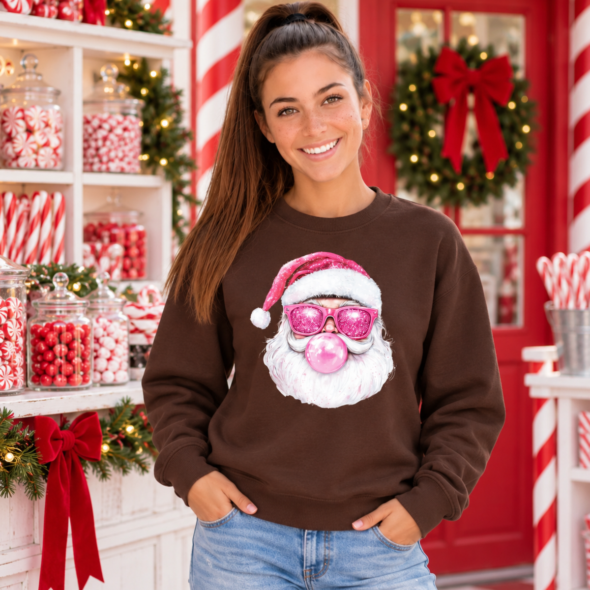 Woman wearing a brown Bubblegum Santa crewneck sweatshirt in a Christmas candy shop with peppermint jars and wreath