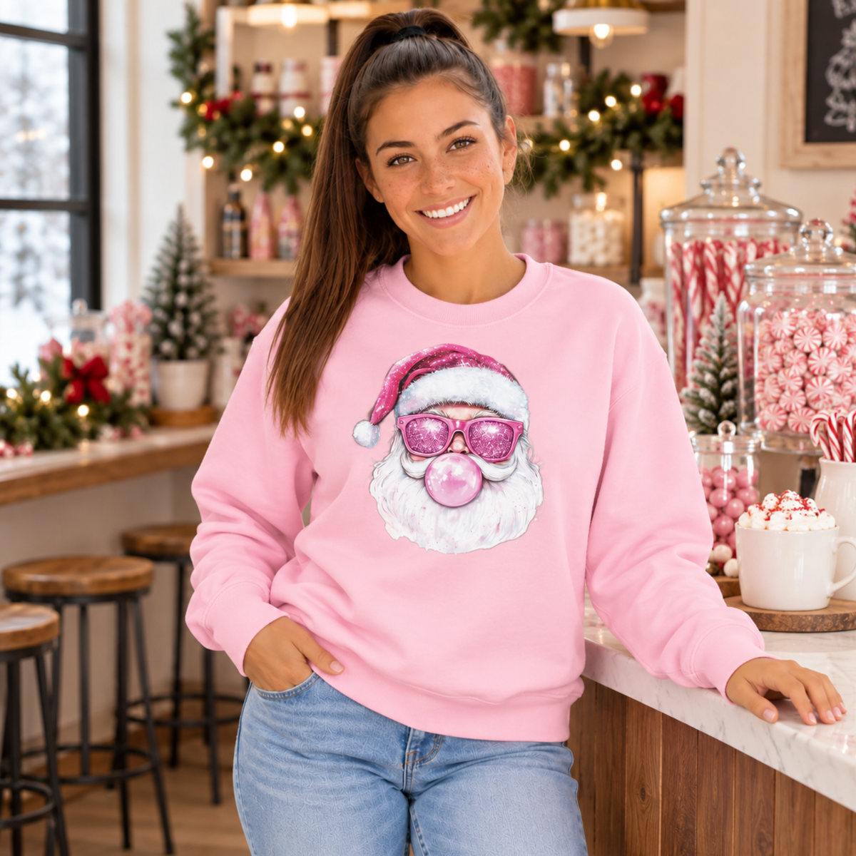 Woman wearing a light pink Bubblegum Santa crewneck sweatshirt at a Christmas candy counter with peppermint jars