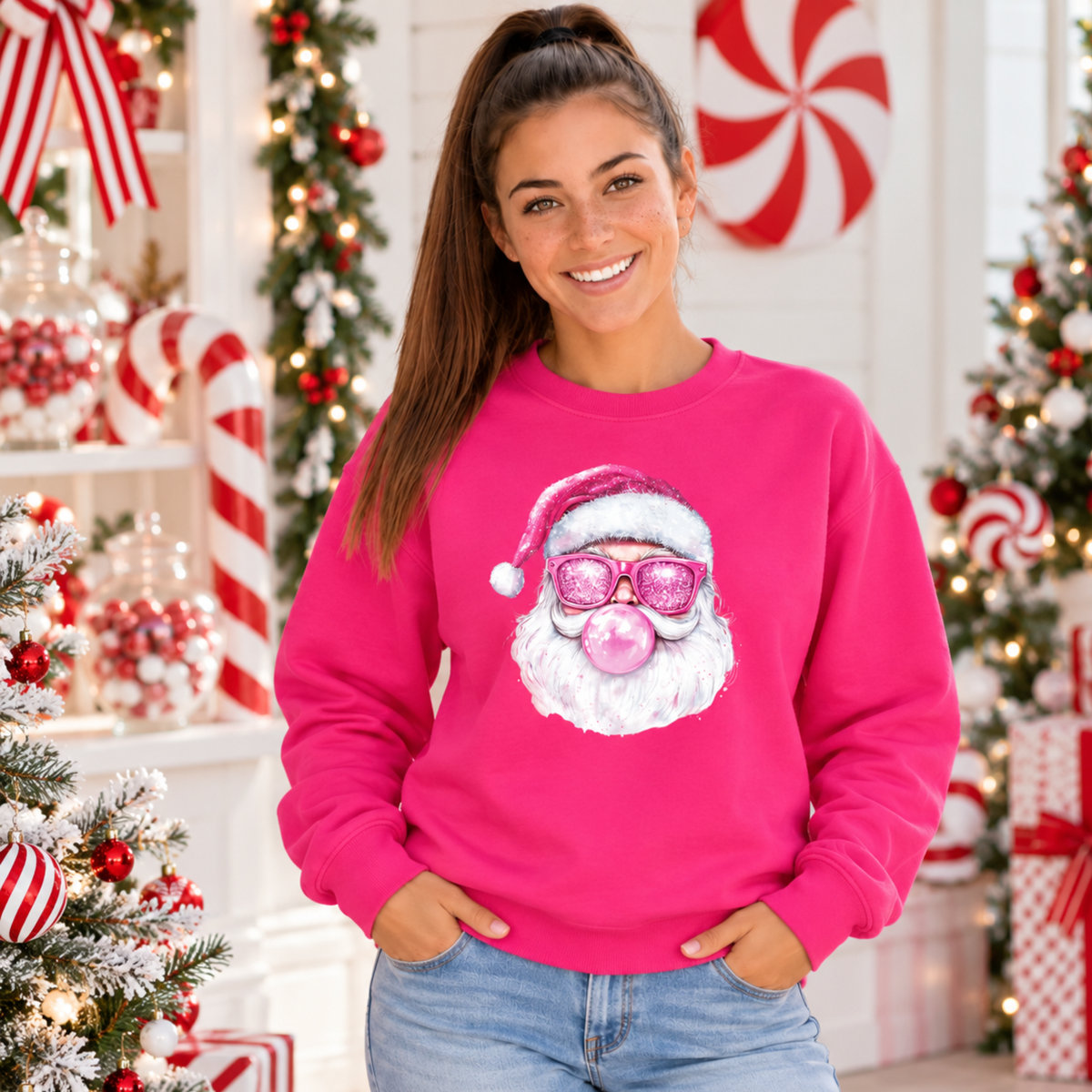Woman wearing a bright pink Bubblegum Santa crewneck sweatshirt in a peppermint-themed Christmas room