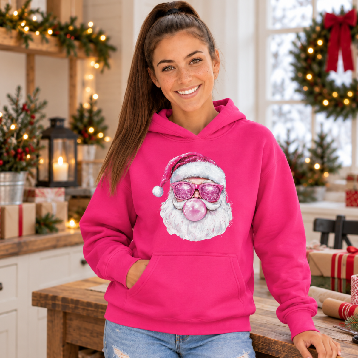 Woman wearing a bright pink Bubblegum Santa hoodie in a festive kitchen with wreaths, lights, and wrapped gifts