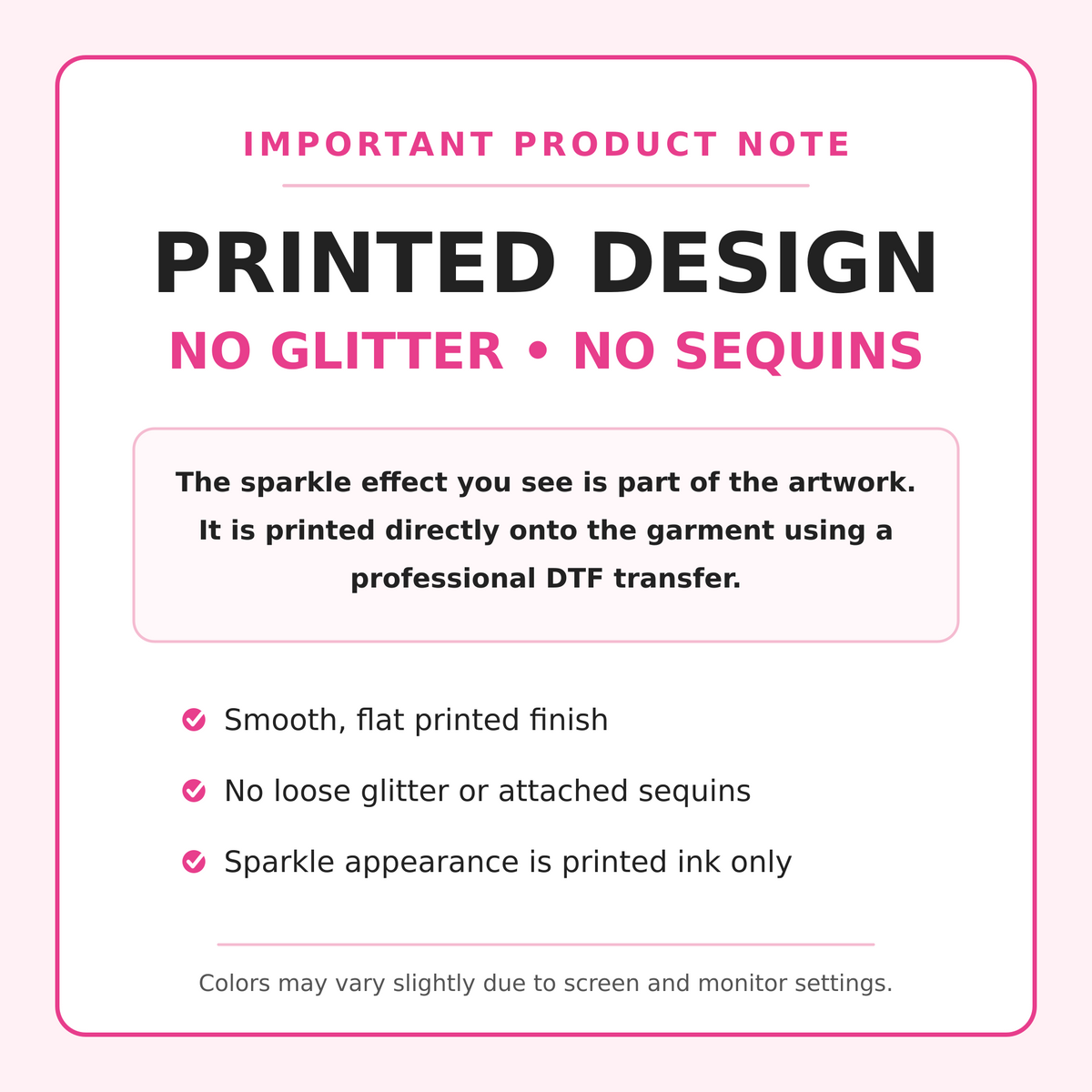 Product note explaining the Bubblegum Santa sparkle effect is a smooth DTF printed design with no glitter or attached sequins
