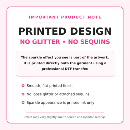 Product note explaining the Bubblegum Santa sparkle effect is a smooth DTF printed design with no glitter or attached sequins