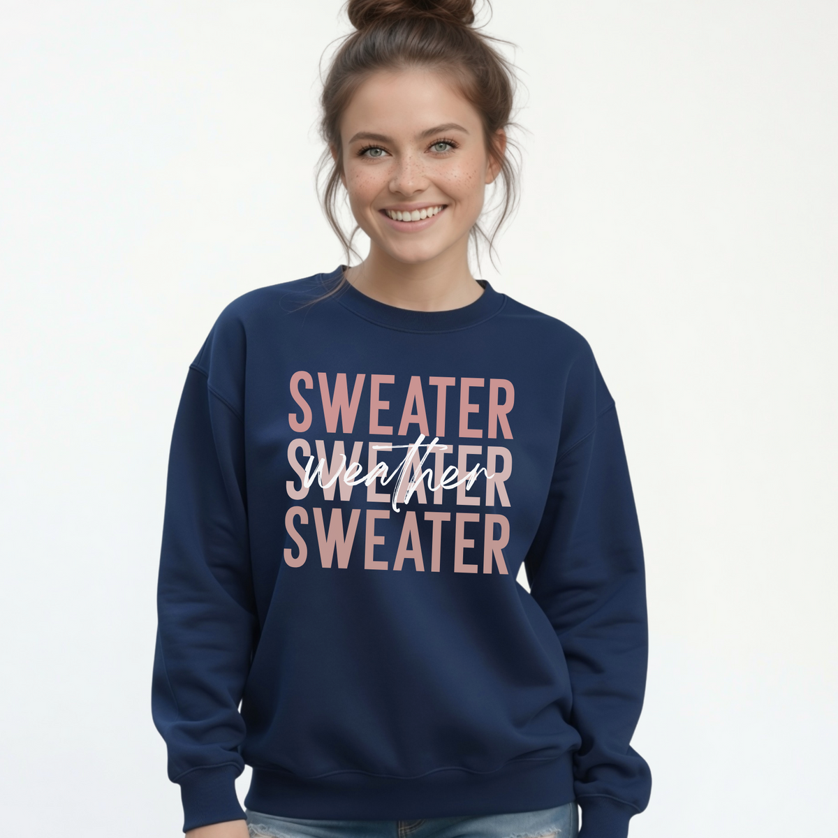 Woman wearing navy Sweater Weather crewneck sweatshirt with jeans