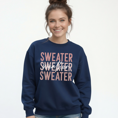Woman wearing navy Sweater Weather crewneck sweatshirt with jeans