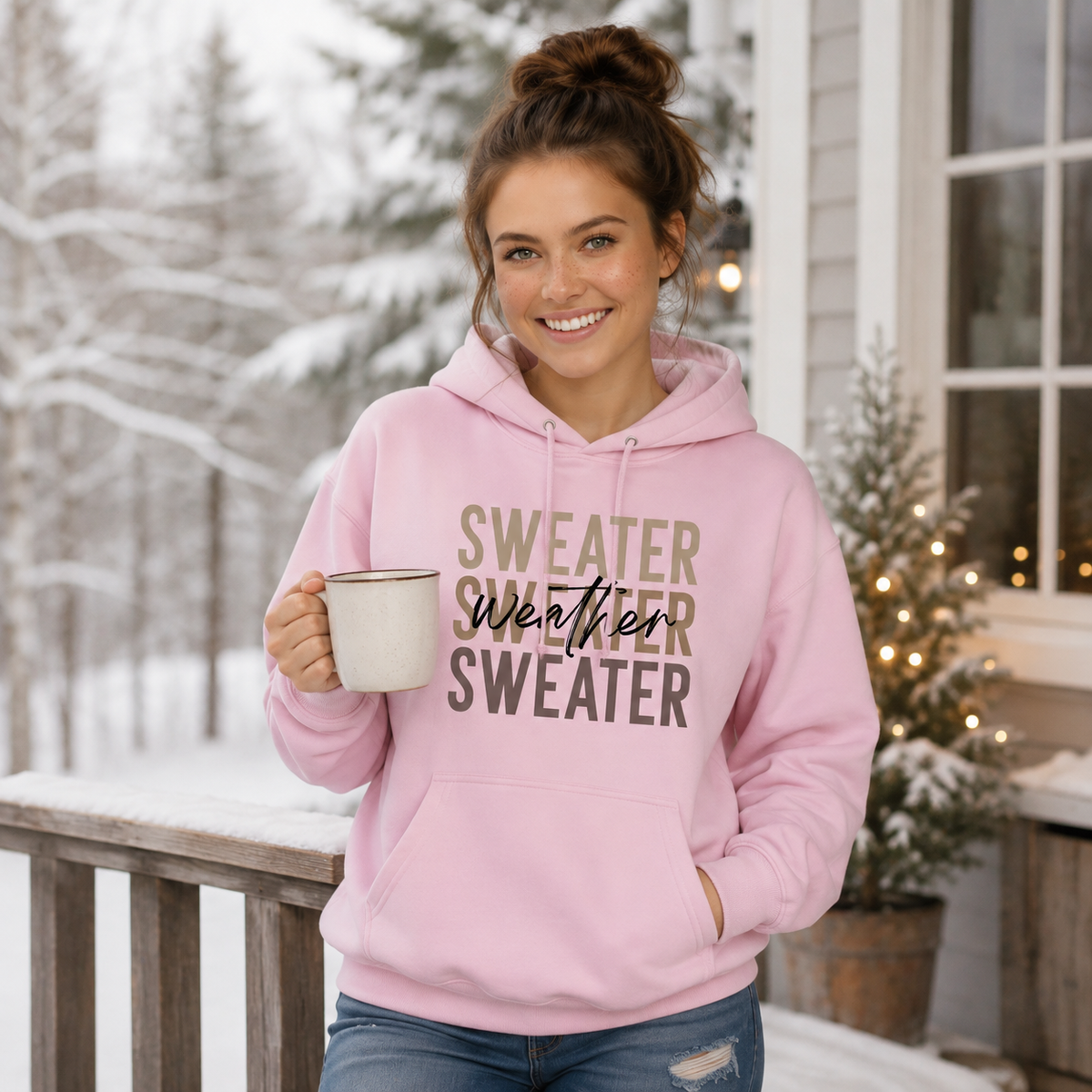 Woman wearing light pink Sweater Weather hoodie on a snowy porch