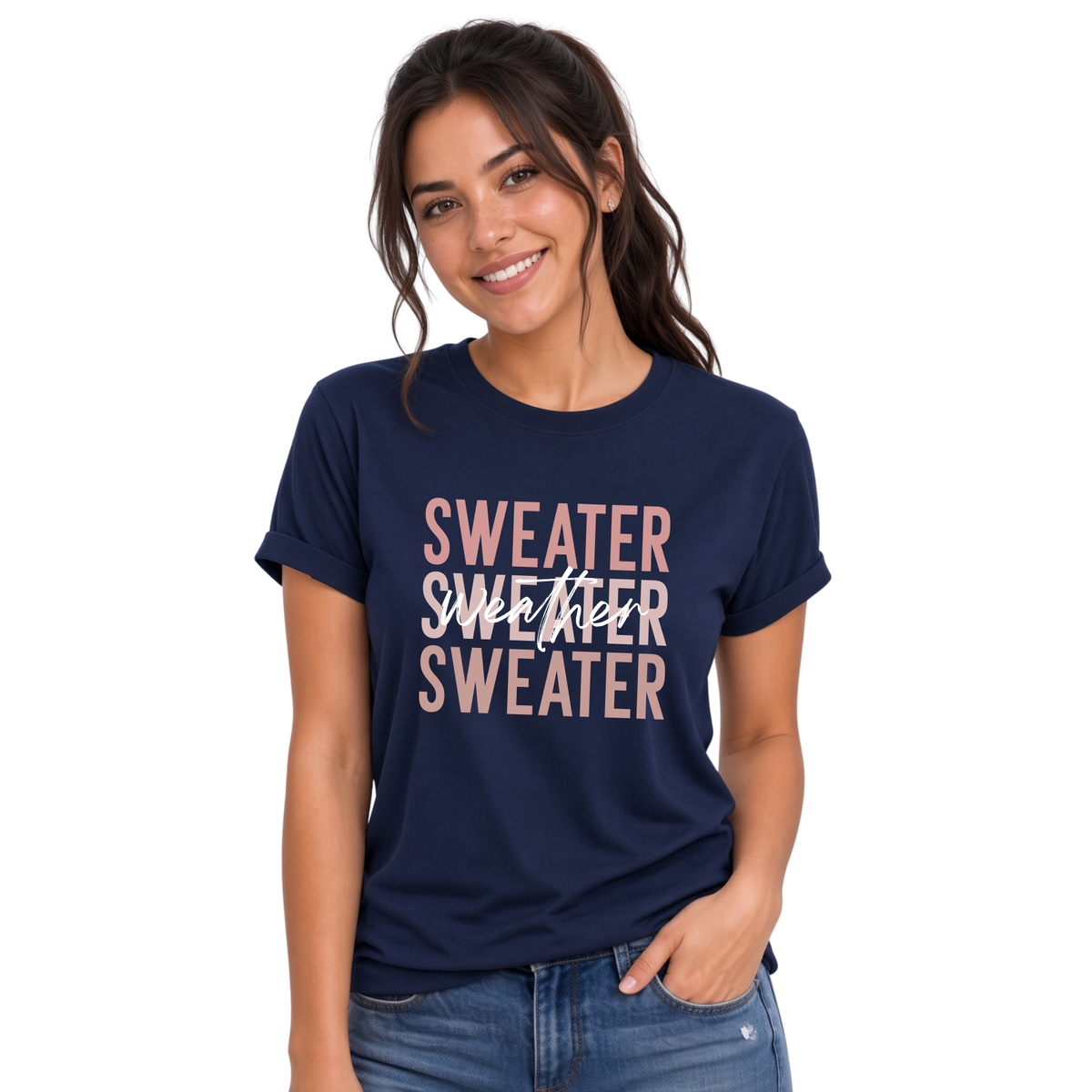 Woman wearing navy Sweater Weather T-shirt with jeans