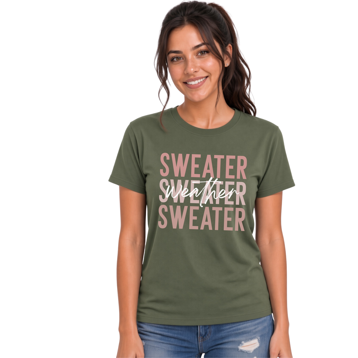 Woman wearing military green Sweater Weather T-shirt with jeans
