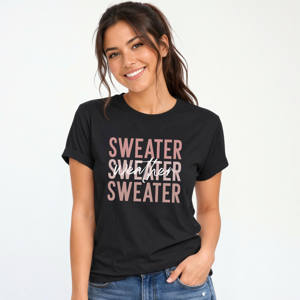 Woman wearing black sweater weather T-shirt with jeans