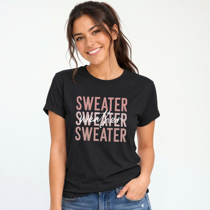 Woman wearing black sweater weather T-shirt with jeans