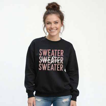 Woman wearing black Sweater Weather crewneck sweatshirt with jeans