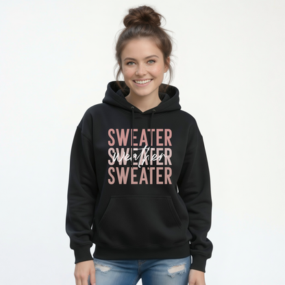 Woman wearing black Sweater Weather hoodie with jeans