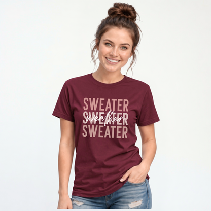 Woman wearing maroon Sweater Weather T-shirt with jeans