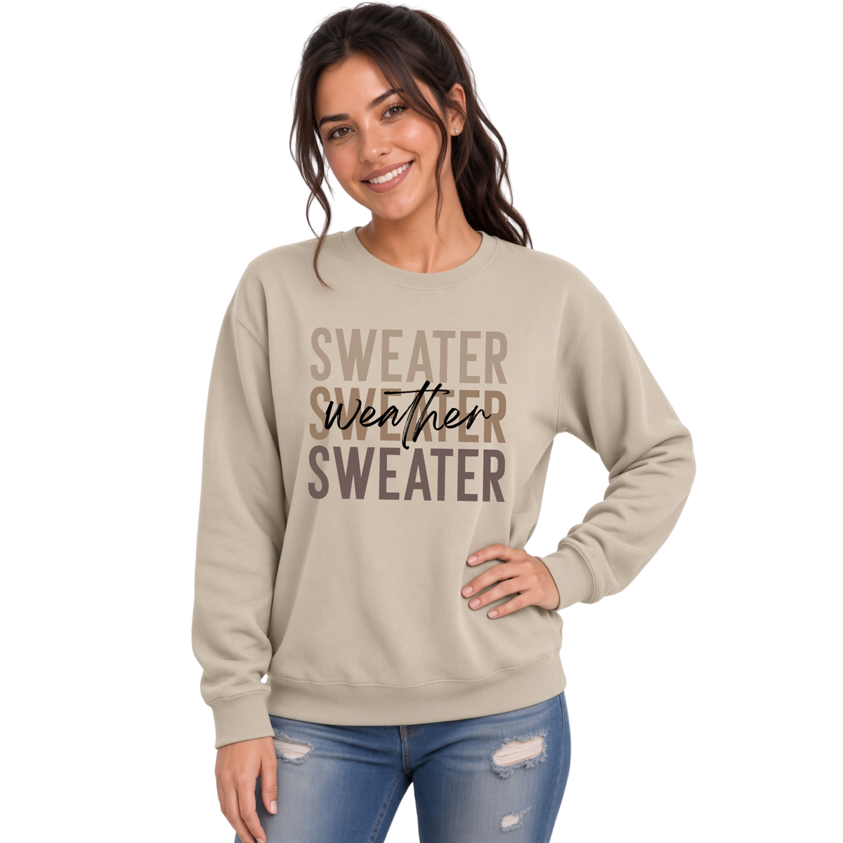 Woman wearing sand Sweater Weather crewneck sweatshirt with jeans
