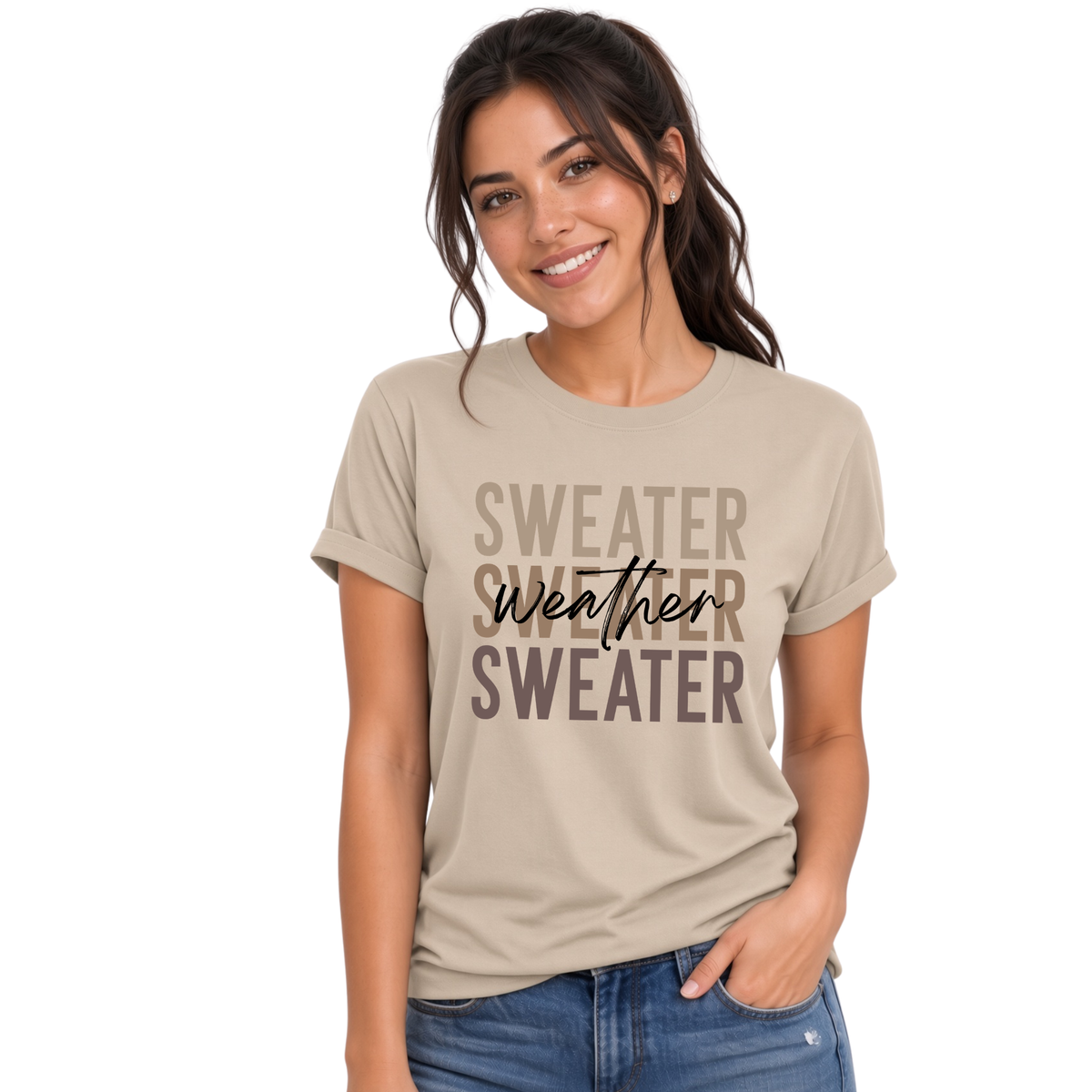 Woman wearing sand Sweater Weather T-shirt with jeans