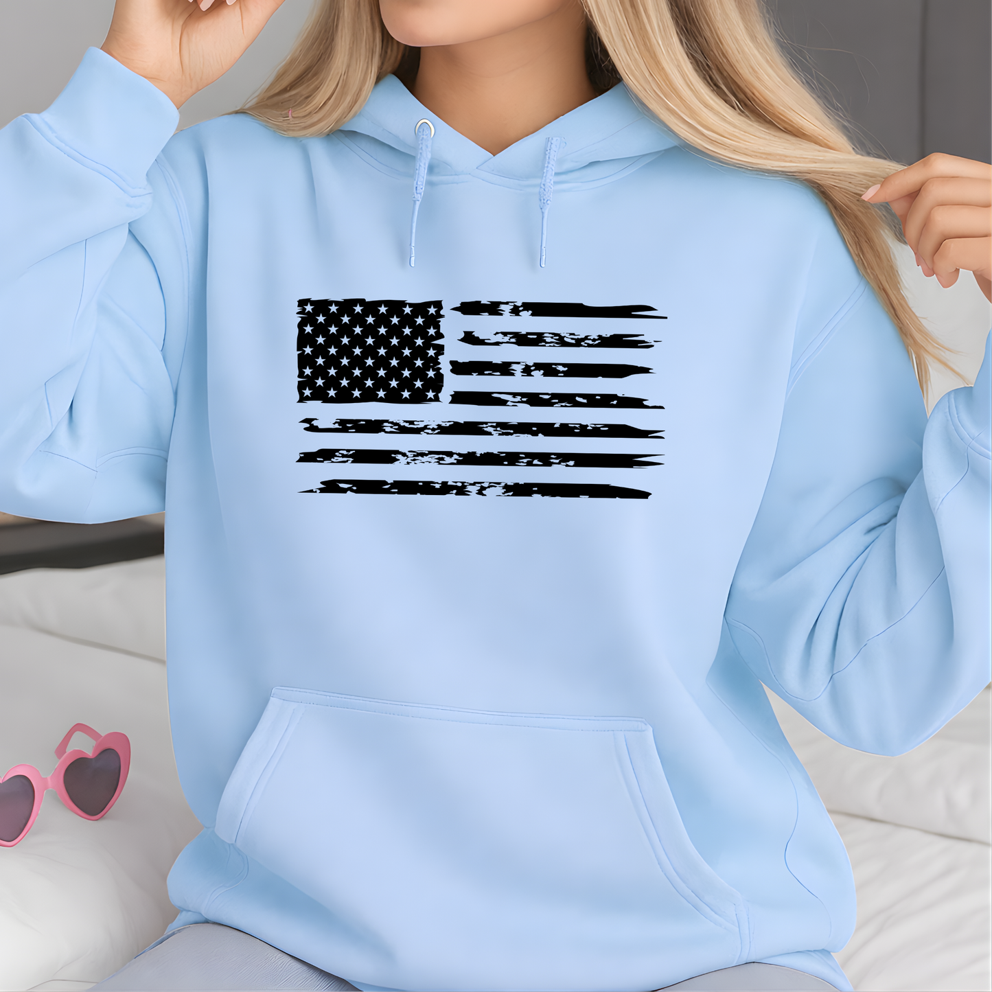 Women wearing light blue pro trump sweatsgurt with American flag front design