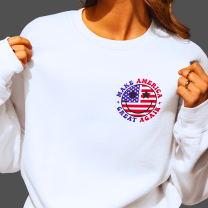 White sweatshirt front view with round USA flag graphic and patriotic text