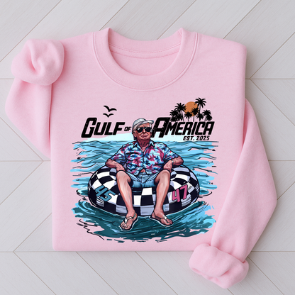 pastel pink  sweatshirt with retro water float graphic, flatlay