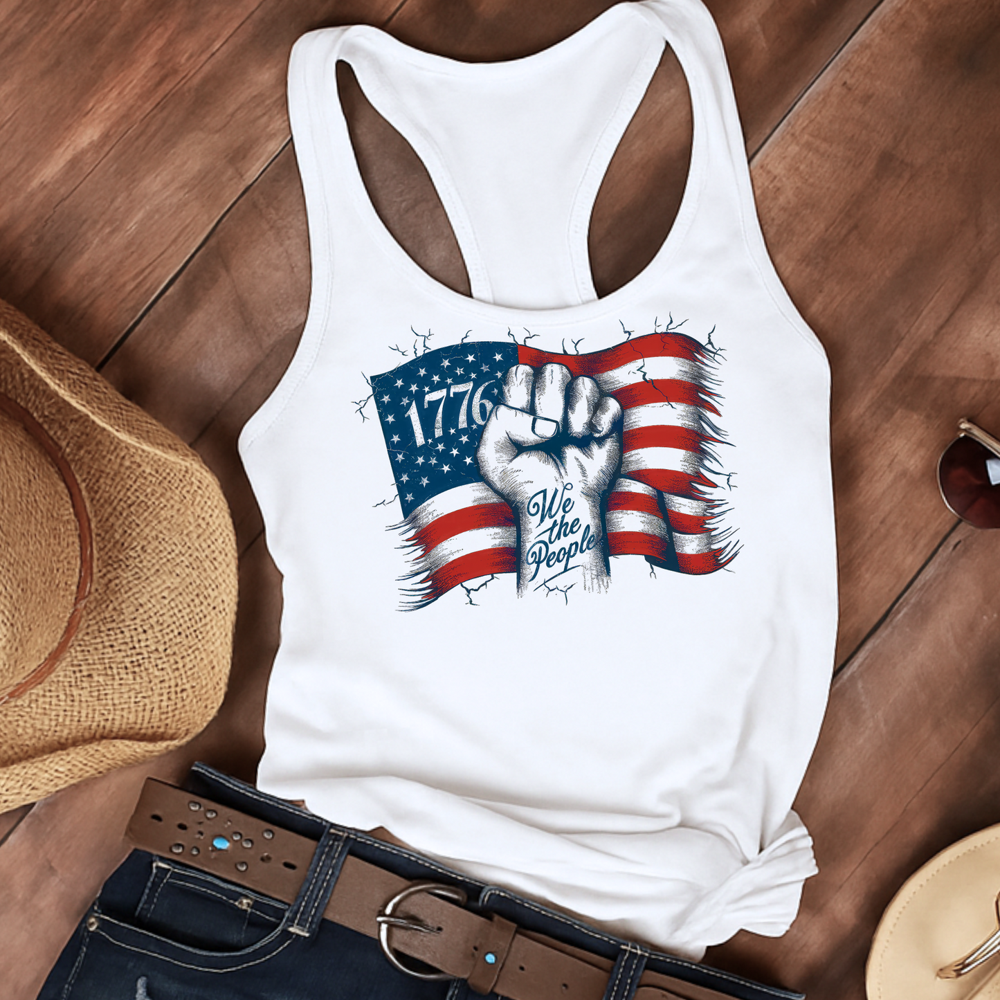 Flat lay of tank top and shorts on wood – 1776 We The People print