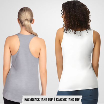 Two women wearing tank tops, one gray racerback and one white classic, on a plain background.