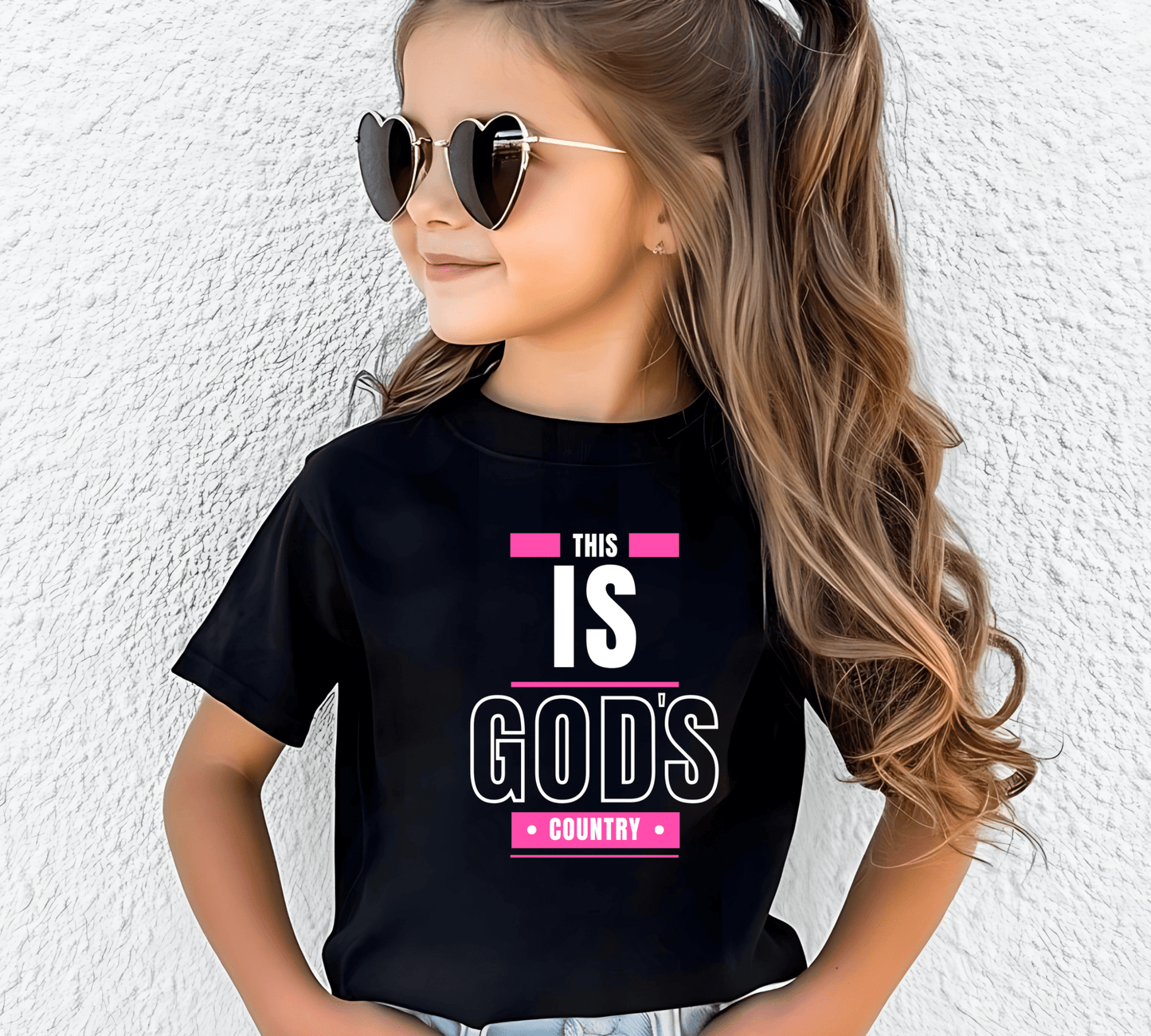 Trendy youth Christian t-shirt in black, featuring 'This Is God's Country' design, perfect for faith-based outfits