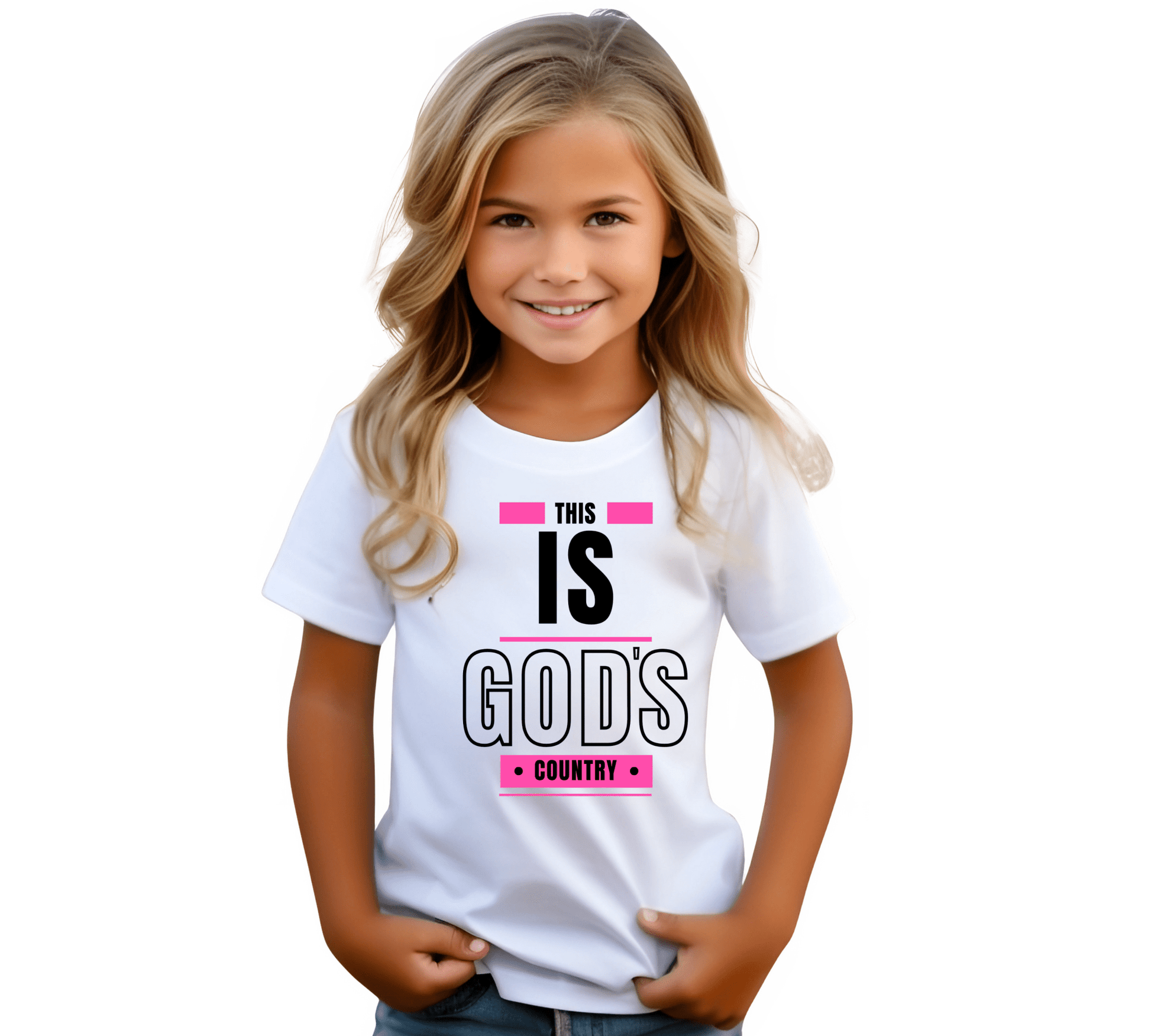 Young girl wearing a white 'This Is God's Country' youth t-shirt, a Christian faith-based kids' tee with bold typography."