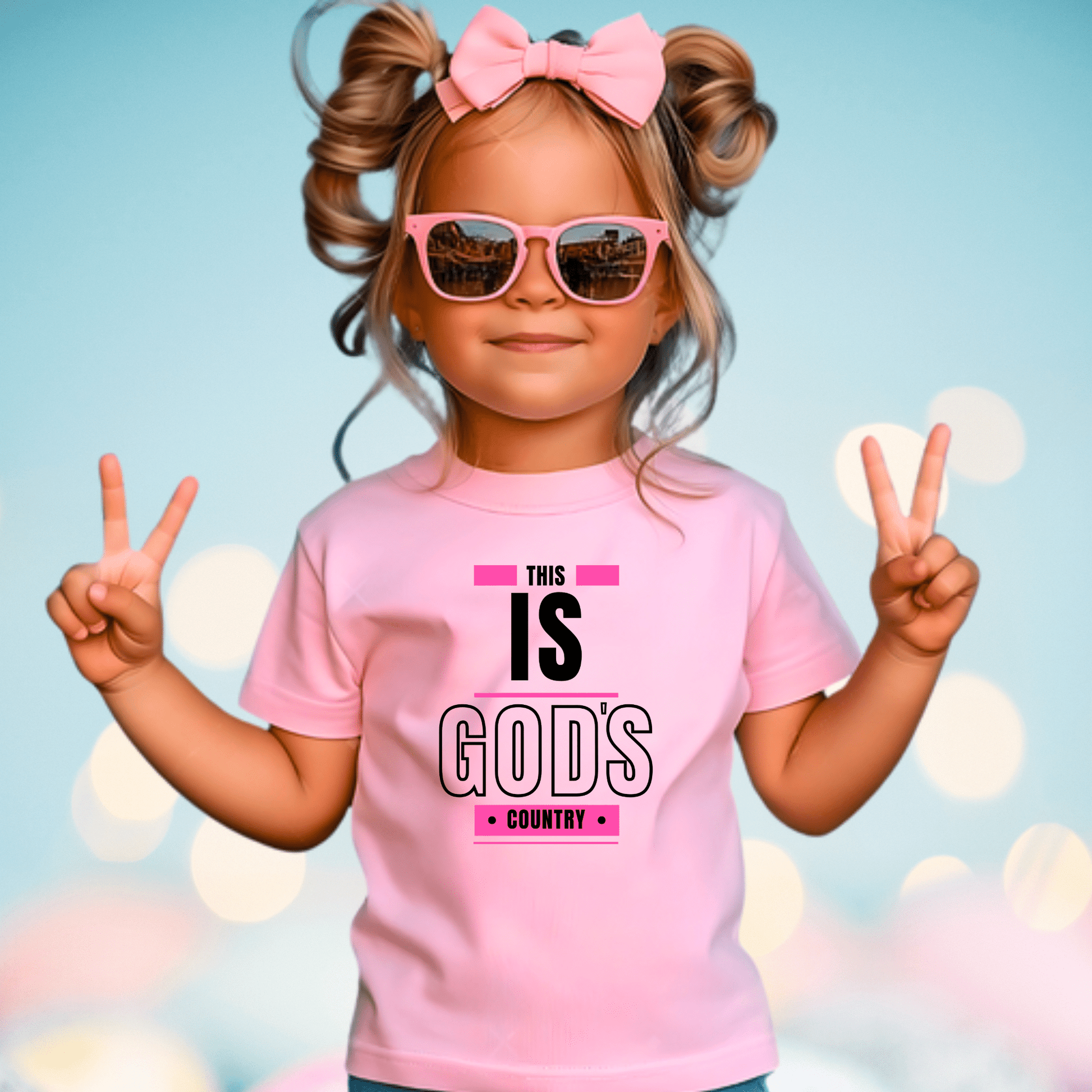 Smiling girl in a light pink 'This Is God's Country' youth t-shirt, a stylish and inspirational Christian kids' shirt.