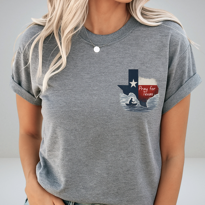 Person wearing a gray t-shirt with a graphic design of Texas and a red banner.