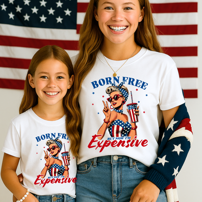White youth T-shirt with 4th of July design featuring stylish woman in USA flag-themed clothes

