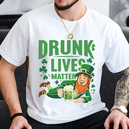 man wearing a white Drunk Lives Matter Tshirt with a leprechaun holding a beer mug