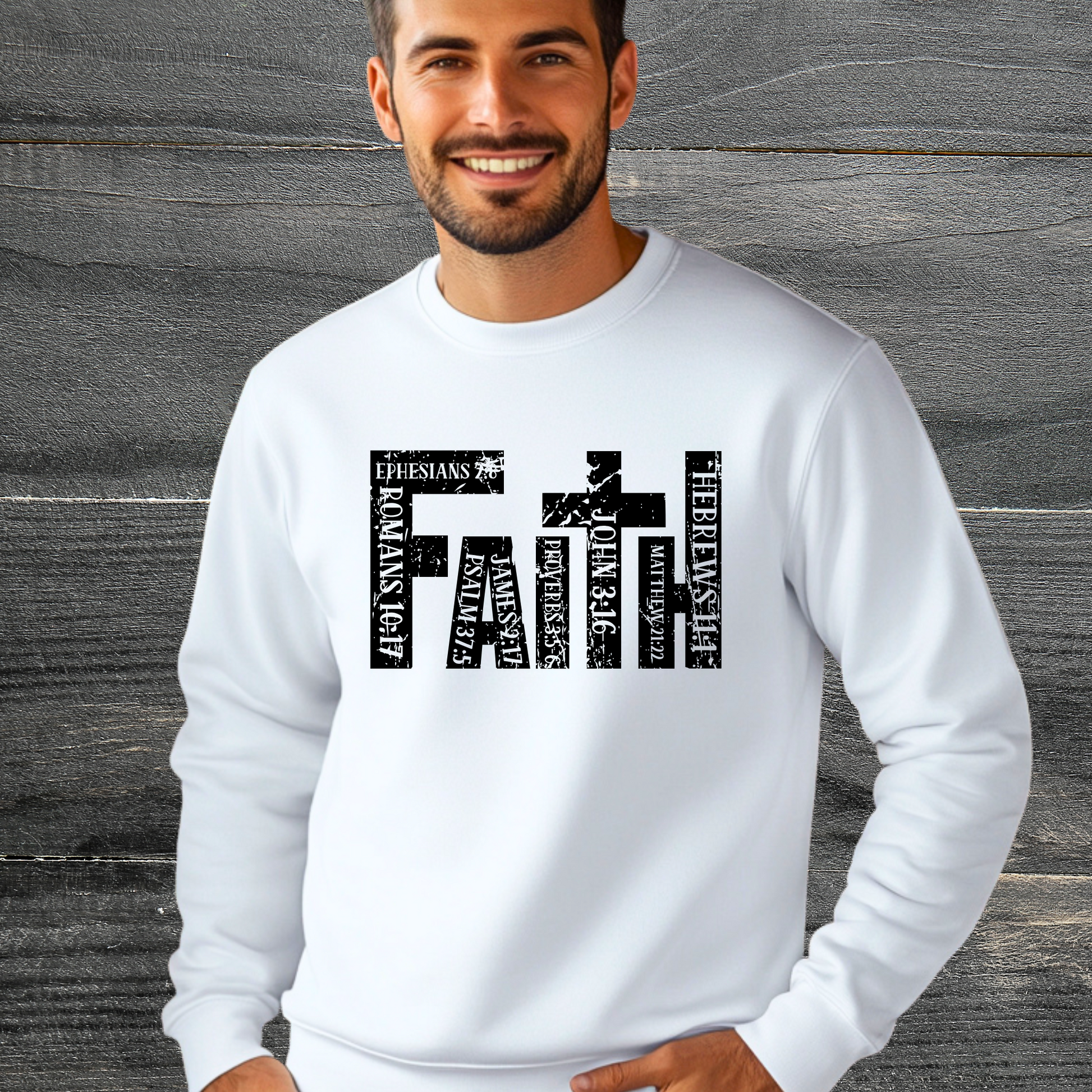 Man wearing White Christian Apparel with Bible Verse Design | Religious Sweatshirt for Men 