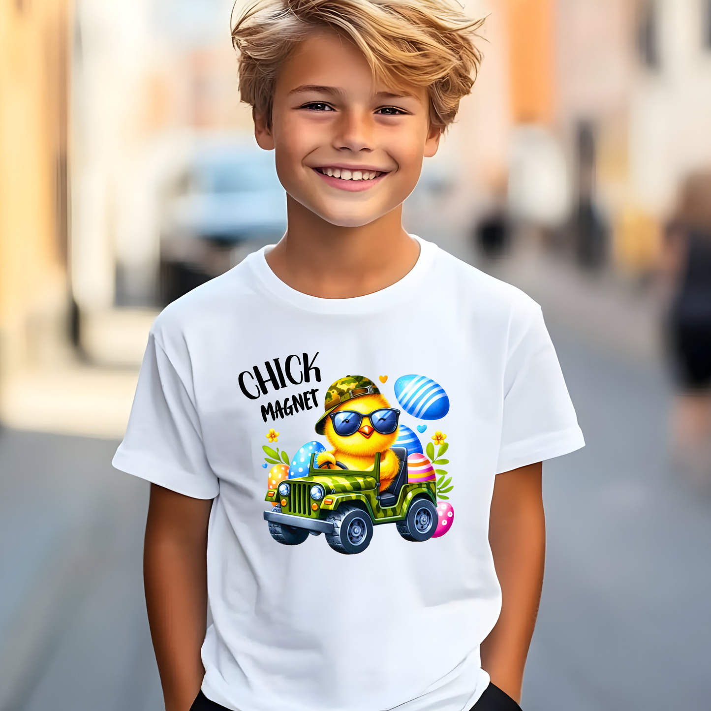 White Funny "Chick Magnet" youth t-shirt featuring a cool chick driving a jeep with Easter eggs. Perfect Easter shirt for young boys