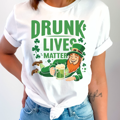 Woman wearing a white Drunk Lives Matter Tshirt with a leprechaun holding a beer mug - close up