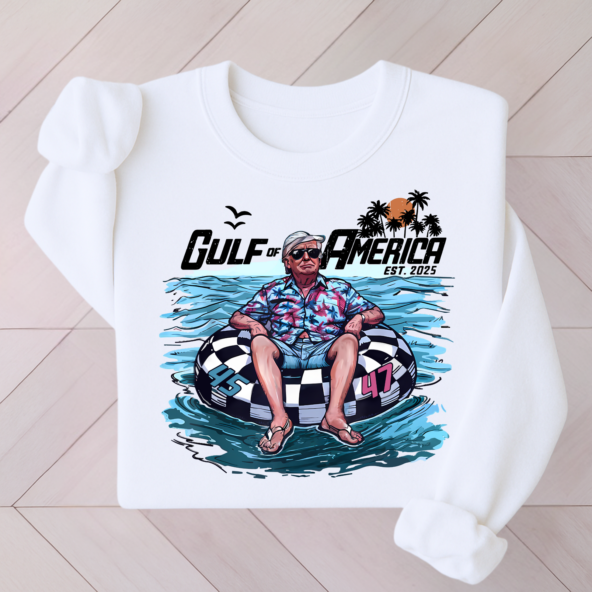 white  sweatshirt with retro water float graphic, flatlay