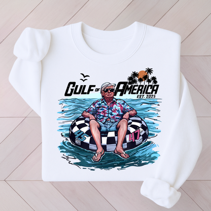 white  sweatshirt with retro water float graphic, flatlay