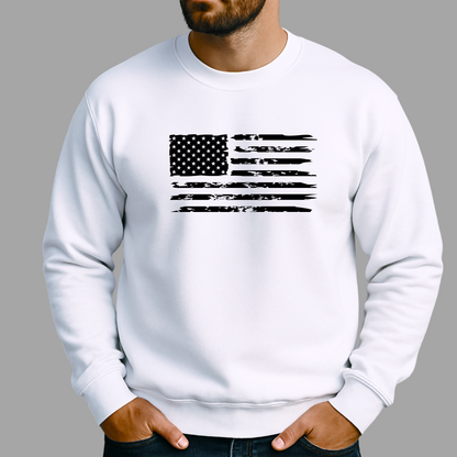White sweatshirt with American flag design worn by a person on a gray background