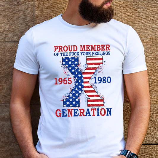 Patriotic Generation X shirt with American flag X design, White tee for men.