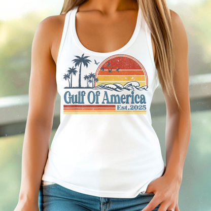 Patriotic racerback tank top with sunset and palm tree design
