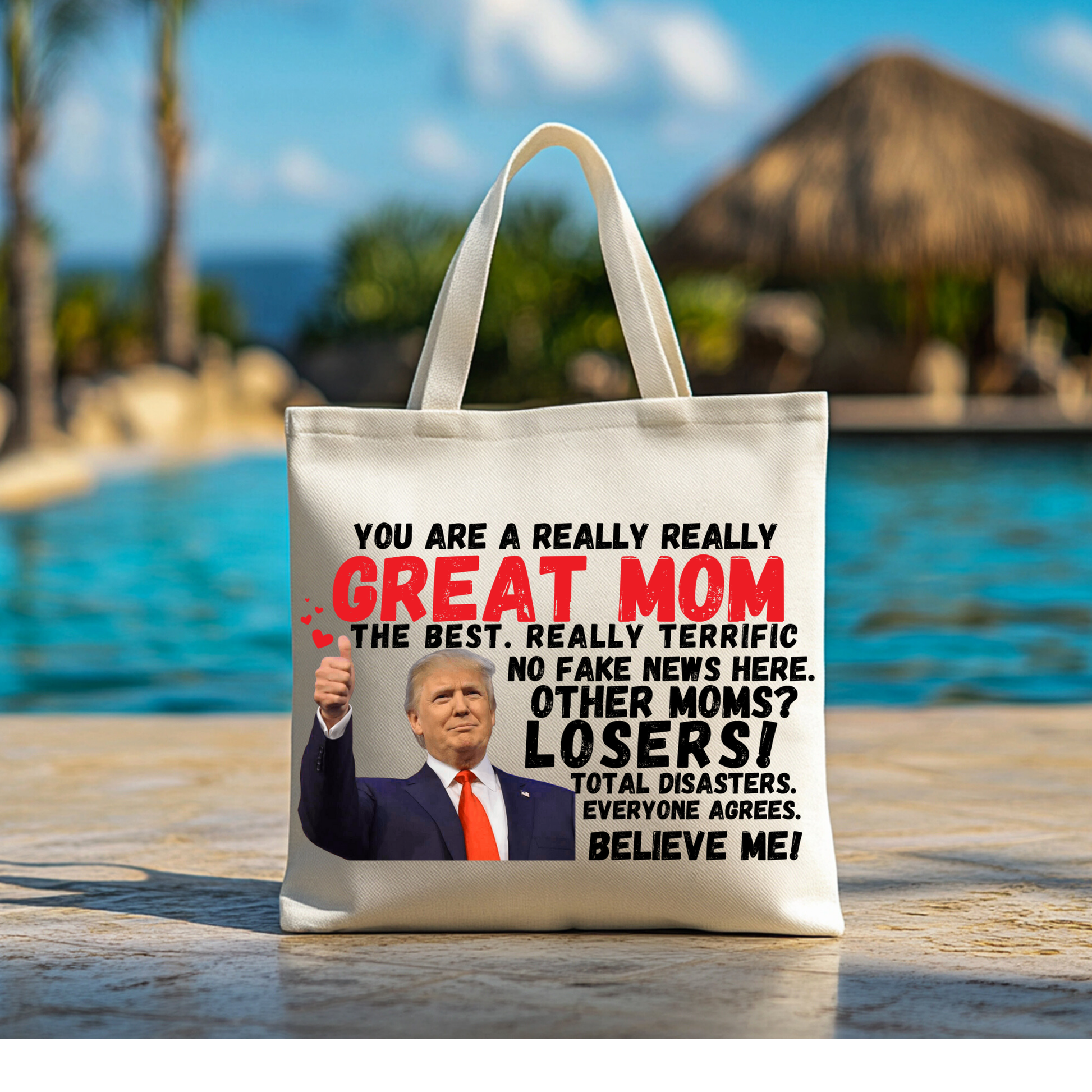 Tote bag with Trump quote hanging on chair – patriotic gift for her