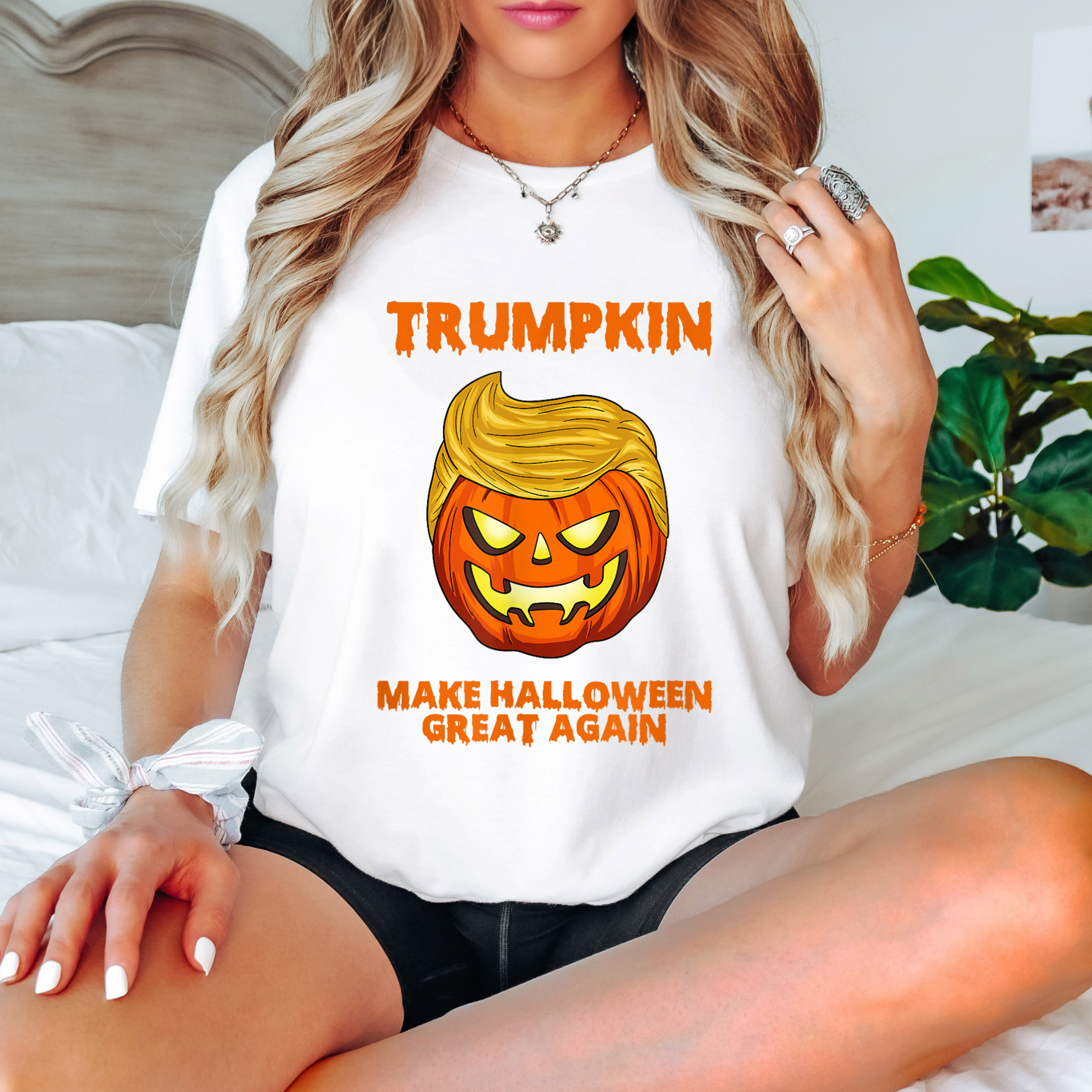 Women’s Trumpkin Halloween shirt – white pumpkin graphic tee