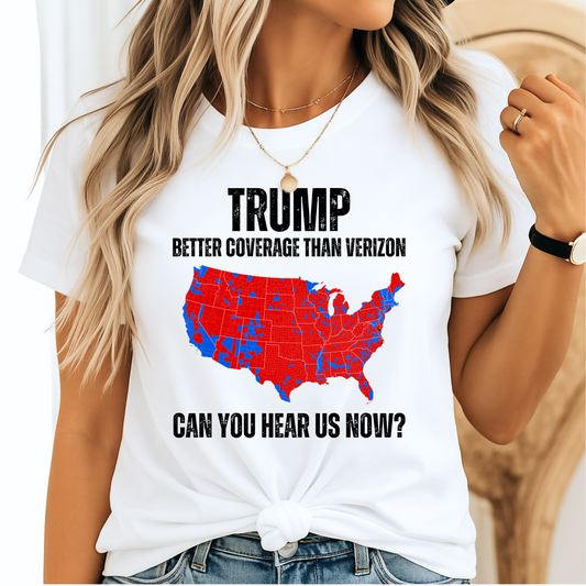 White patriotic T-shirt with red and blue USA map graphic and bold text design.