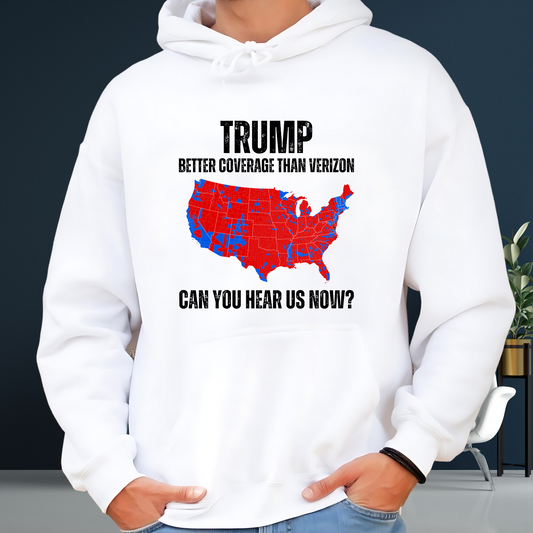 Man wearing a white patriotic hoodie with red and blue USA map graphic and bold text design.