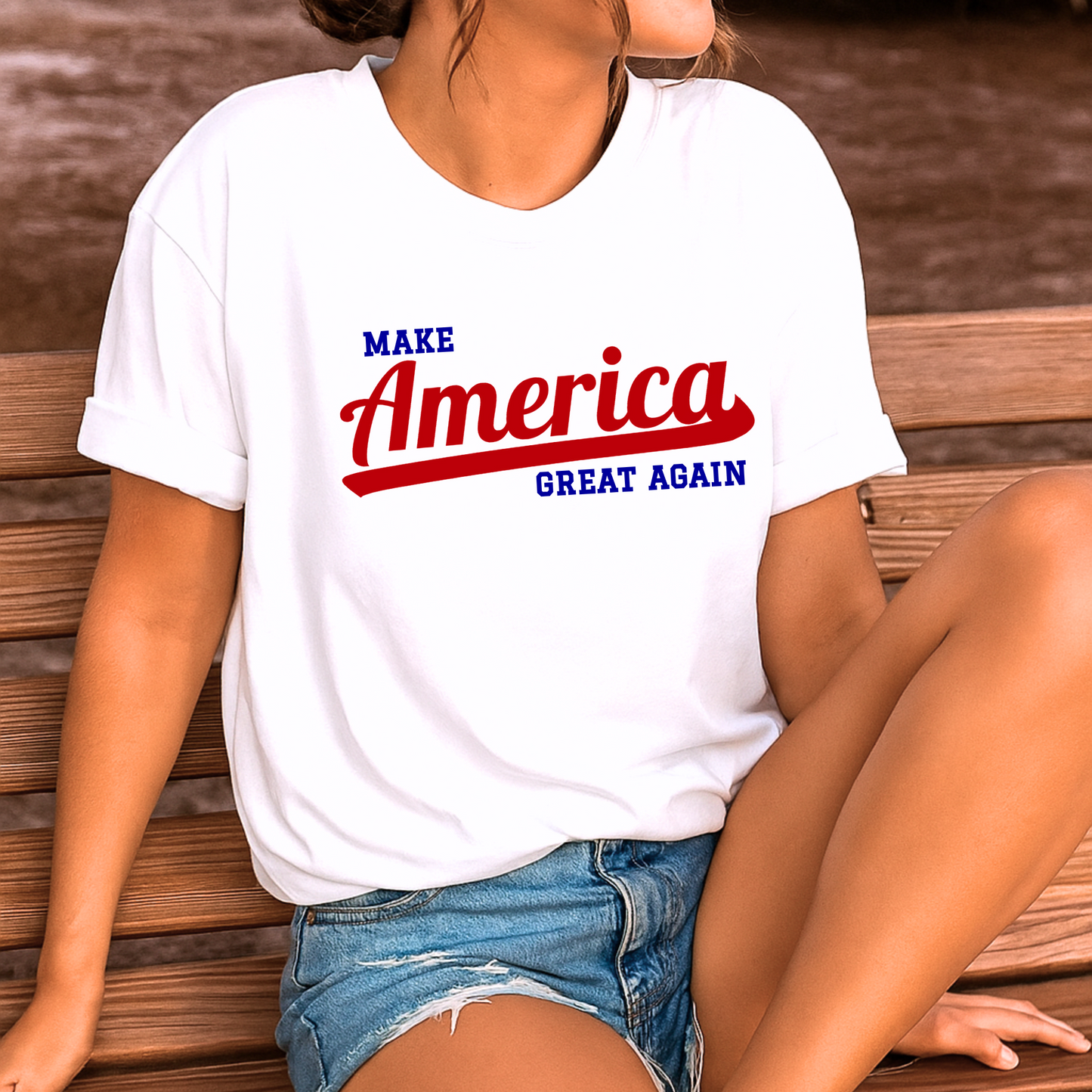 Make America Great Again t-shirt on woman sitting on bench