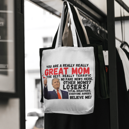 Tote bag with Trump quote hanging on chair – patriotic gift for her