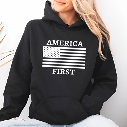 Lifestyle photo of woman wearing Black America First patriotic women’s unisex t-shirt