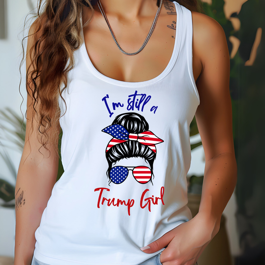 Woman wearing White racerback tank with patriotic bun and sunglasses graphic
