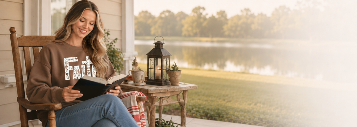 Women’s Christian apparel featuring a faith graphic sweatshirt in a peaceful porch setting